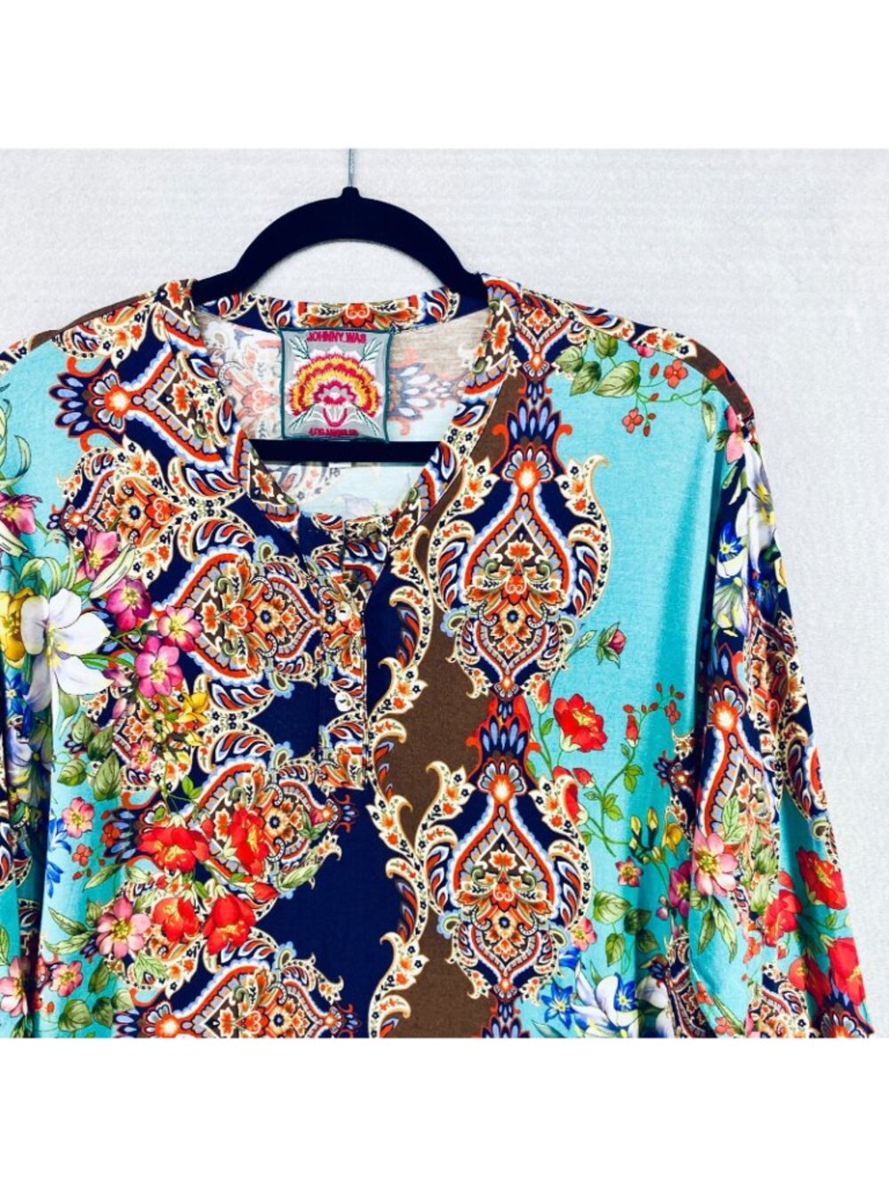 Johnny Was Top Womens S Bamboo Diamond Print Abstract Blouse Boho Art - Picture 3 of 11